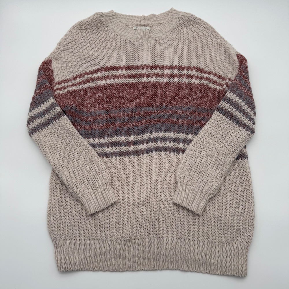 American Eagle Oversized Striped Chunky Knit Sweater Beige Burgundy Small Relax
